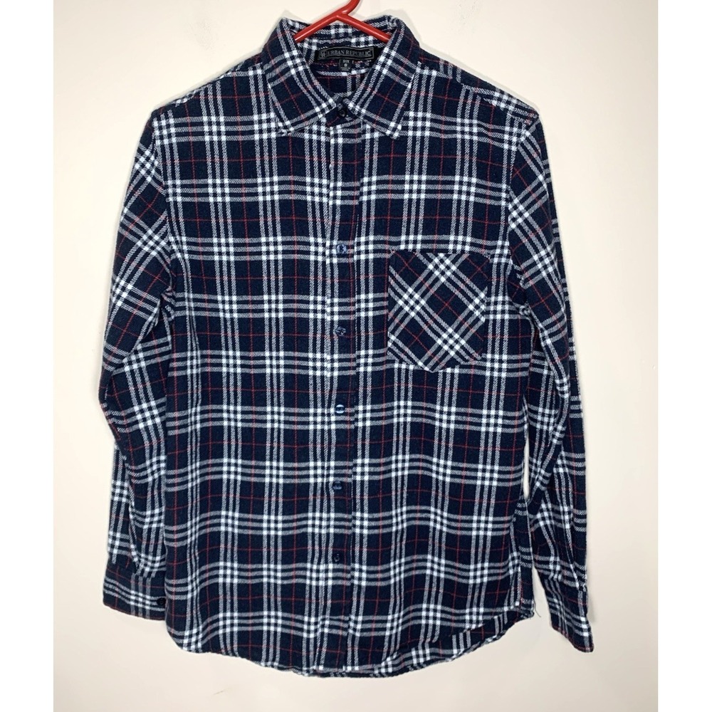 Urban‎ Republic Flannel Shirt Mens Small Navy Blue Plaid Cotton Blend